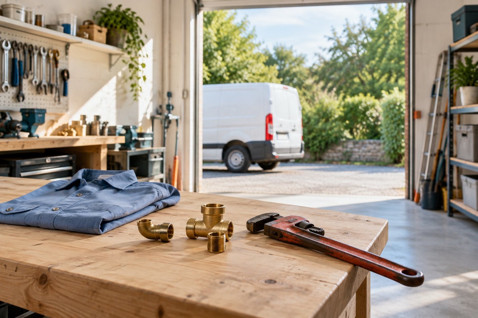 A bright plumbing workshop with tools, brass fittings, and a service van outside